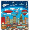 Ambesonne Cartoon Shower Curtain, Busy City Metropolis with Hot Air Balloon Zeppelin Plane UFO Urban Town Graphic, Cloth Fabric Bathroom Decor Set with Hooks, 69″ W x 84″ L, Multicolor(69″ W x 75″ L)