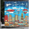Ambesonne Cartoon Shower Curtain, Busy City Metropolis with Hot Air Balloon Zeppelin Plane UFO Urban Town Graphic, Cloth Fabric Bathroom Decor Set with Hooks, 69″ W x 84″ L, Multicolor(69″ W x 84″ L)