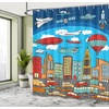 Ambesonne Cartoon Shower Curtain, Busy City Metropolis with Hot Air Balloon Zeppelin Plane UFO Urban Town Graphic, Cloth Fabric Bathroom Decor Set with Hooks, 69″ W x 84″ L, Multicolor(69″ W x 75″ L)