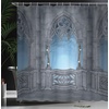 Ambesonne Cartoon Shower Curtain, Fantasy World Castle Architecture Details Terrace Gazebo Indoor Foggy Forest, Cloth Fabric Bathroom Decor Set with Hooks, 69″ W x 84″ L, Grey Pale Blue
