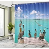 Ambesonne Coastal Shower Curtain, Romantic Wooden Bungalow on The Water Deckchairs Maldives Beach Summer Relax, Cloth Fabric Bathroom Decor Set with Hooks, 69″ W x 84″ L, Brown Blue(Blue Aqua)