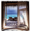 Ambesonne Coastal Shower Curtain, Romantic Wooden Bungalow on The Water Deckchairs Maldives Beach Summer Relax, Cloth Fabric Bathroom Decor Set with Hooks, 69″ W x 84″ L, Brown Blue(Brown Blue)