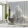 Ambesonne Coastal Shower Curtain, Romantic Wooden Bungalow on The Water Deckchairs Maldives Beach Summer Relax, Cloth Fabric Bathroom Decor Set with Hooks, 69″ W x 84″ L, Brown Blue(Grey White)