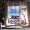 Ambesonne Coastal Shower Curtain, Romantic Wooden Bungalow on The Water Deckchairs Maldives Beach Summer Relax, Cloth Fabric Bathroom Decor Set with Hooks, 69″ W x 84″ L, Brown Blue(Brown Blue)