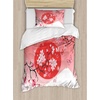Ambesonne Cartoon Duvet Cover Set, Vintage Floral Carriage Horse and Colorful Flowers Butterfly Print, Decorative 3 Piece Bedding Set with 2 Pillow Shams, Queen Size, Black Pink(Red Pink)