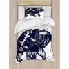 Ambesonne Cartoon Duvet Cover Set, Vintage Floral Carriage Horse and Colorful Flowers Butterfly Print, Decorative 3 Piece Bedding Set with 2 Pillow Shams, Queen Size, Black Pink(Blue Cream)