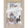 Ambesonne Cartoon Duvet Cover Set, Vintage Floral Carriage Horse and Colorful Flowers Butterfly Print, Decorative 3 Piece Bedding Set with 2 Pillow Shams, Queen Size, Black Pink(Black Pink)
