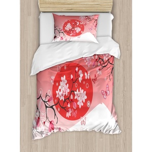 Ambesonne Cartoon Duvet Cover Set, Vintage Floral Carriage Horse and Colorful Flowers Butterfly Print, Decorative 3 Piece Bedding Set with 2 Pillow Shams, Queen Size, Black Pink(Red Pink)