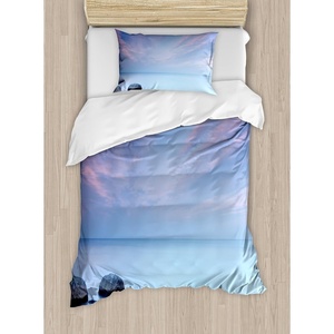 Ambesonne Cartoon Duvet Cover Set, Vintage Floral Carriage Horse and Colorful Flowers Butterfly Print, Decorative 3 Piece Bedding Set with 2 Pillow Shams, Queen Size, Black Pink(Pale Blue Lilac)