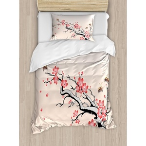 Ambesonne Cartoon Duvet Cover Set, Vintage Floral Carriage Horse and Colorful Flowers Butterfly Print, Decorative 3 Piece Bedding Set with 2 Pillow Shams, Queen Size, Black Pink(Salmon Grey)