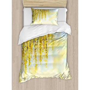 Ambesonne Cartoon Duvet Cover Set, Vintage Floral Carriage Horse and Colorful Flowers Butterfly Print, Decorative 3 Piece Bedding Set with 2 Pillow Shams, Queen Size, Black Pink(Blue Yellow)