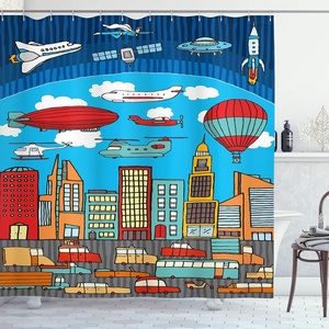 Ambesonne Cartoon Shower Curtain, Busy City Metropolis with Hot Air Balloon Zeppelin Plane UFO Urban Town Graphic, Cloth Fabric Bathroom Decor Set with Hooks, 69″ W x 84″ L, Multicolor(69″ W x 75″ L)