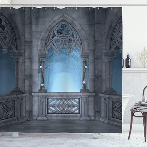 Ambesonne Cartoon Shower Curtain, Fantasy World Castle Architecture Details Terrace Gazebo Indoor Foggy Forest, Cloth Fabric Bathroom Decor Set with Hooks, 69″ W x 84″ L, Grey Pale Blue