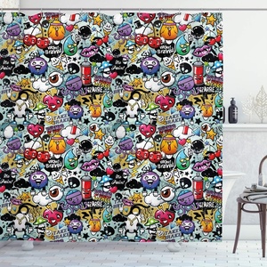 Ambesonne Cartoon Shower Curtain, Graffiti Creatures with Spray Tanks Animals and Writings Vibrant Colored Image, Cloth Fabric Bathroom Decor Set with Hooks, 69″ W x 75″ L, Violet(69″ W x 70″ L)