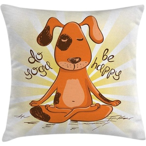 Ambesonne Cartoon Throw Pillow Cushion Cover, Do Yoga Be Happy Cartoon Red Dog Sitting on Lotus Position of Yoga Fun, Decorative Square Accent Pillow Case, 18″ X 18″, Orange Yellow(Orange Yellow)