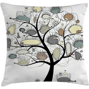 Ambesonne Cartoon Throw Pillow Cushion Cover, Do Yoga Be Happy Cartoon Red Dog Sitting on Lotus Position of Yoga Fun, Decorative Square Accent Pillow Case, 18″ X 18″, Orange Yellow(Cream Bluegrey)