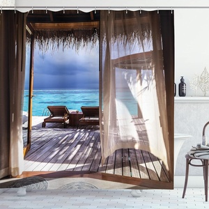 Ambesonne Coastal Shower Curtain, Romantic Wooden Bungalow on The Water Deckchairs Maldives Beach Summer Relax, Cloth Fabric Bathroom Decor Set with Hooks, 69″ W x 84″ L, Brown Blue(Brown Blue)