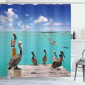 Ambesonne Coastal Shower Curtain, Romantic Wooden Bungalow on The Water Deckchairs Maldives Beach Summer Relax, Cloth Fabric Bathroom Decor Set with Hooks, 69″ W x 84″ L, Brown Blue(Blue Aqua)