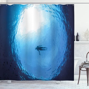 Ambesonne Coastal Shower Curtain, Romantic Wooden Bungalow on The Water Deckchairs Maldives Beach Summer Relax, Cloth Fabric Bathroom Decor Set with Hooks, 69″ W x 84″ L, Brown Blue(Blue Navy)