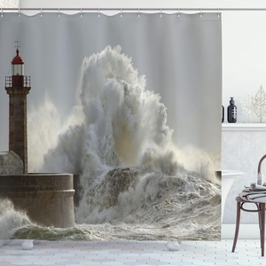 Ambesonne Coastal Shower Curtain, Romantic Wooden Bungalow on The Water Deckchairs Maldives Beach Summer Relax, Cloth Fabric Bathroom Decor Set with Hooks, 69″ W x 84″ L, Brown Blue(Grey White)