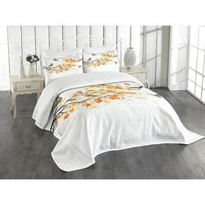 Ambesonne Fall Bedspread, Branch Pale Autumn Leaves and Birds Natural Change in Season Summertime Print, Decorative Quilted 3 Piece Coverlet Set with 2 Pillow Shams, Queen Size, Yellow Cream