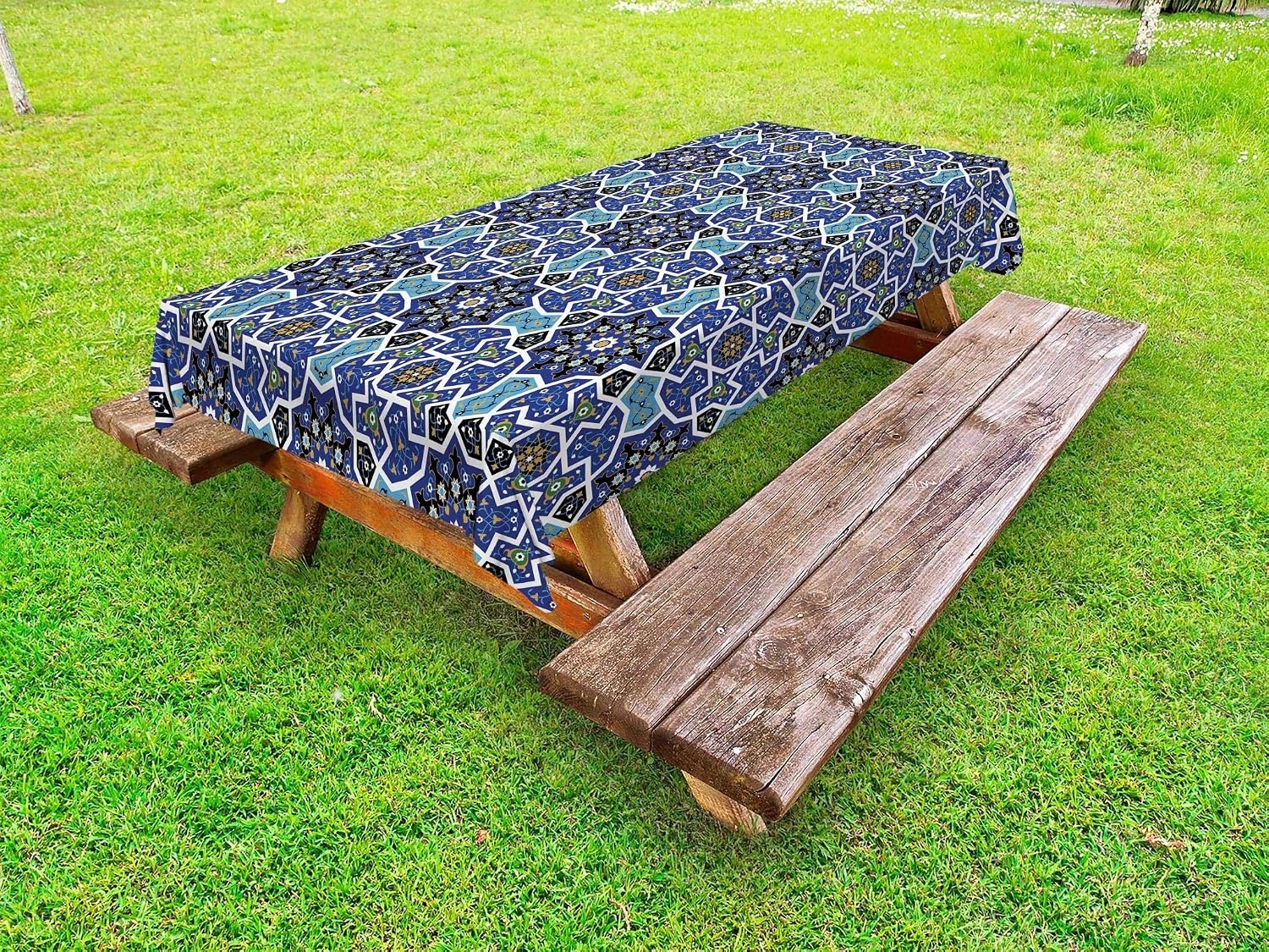 image:imageAmbesonne Geometric Outdoor Tablecloth Tile Mosaic Pattern in Antique Meander and Camo Style Effect Print Modern Decorative Washable Picnic Table Cloth 58 X 104 Baby BlueDark Blue