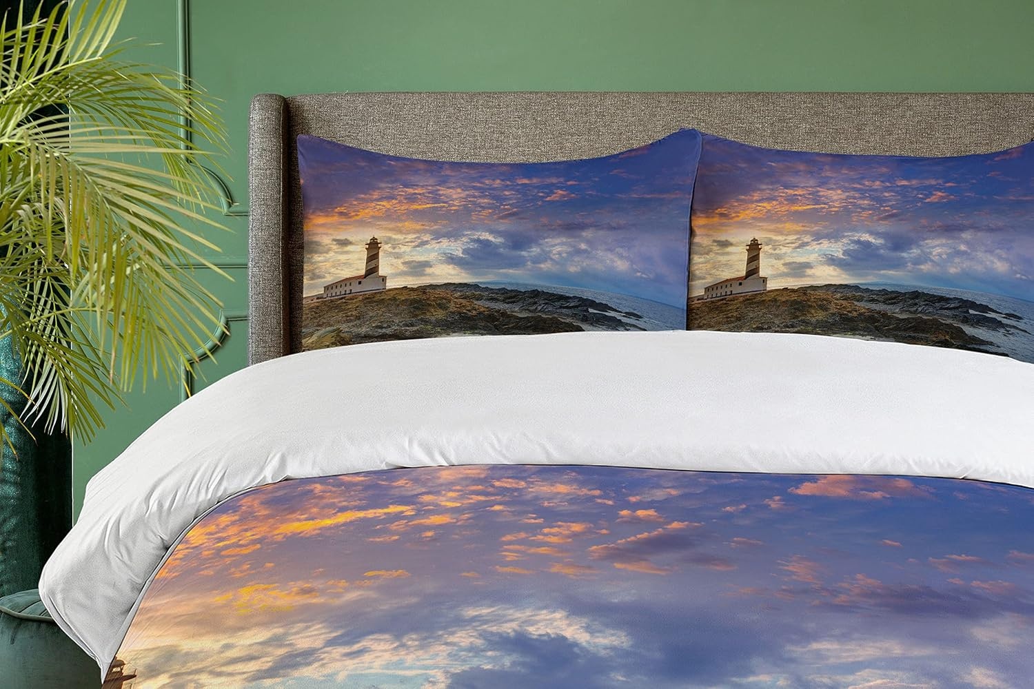 image:imageAmbesonne Lighthouse Duvet Cover Set Cap de Favaritx Sunset Lighthouse Cape in Mahon at Balearic Islands Spain Coast Decorative 3 Piece Bedding Set with 2 Pillow Shams Queen Size Blue BrownBlue Brown