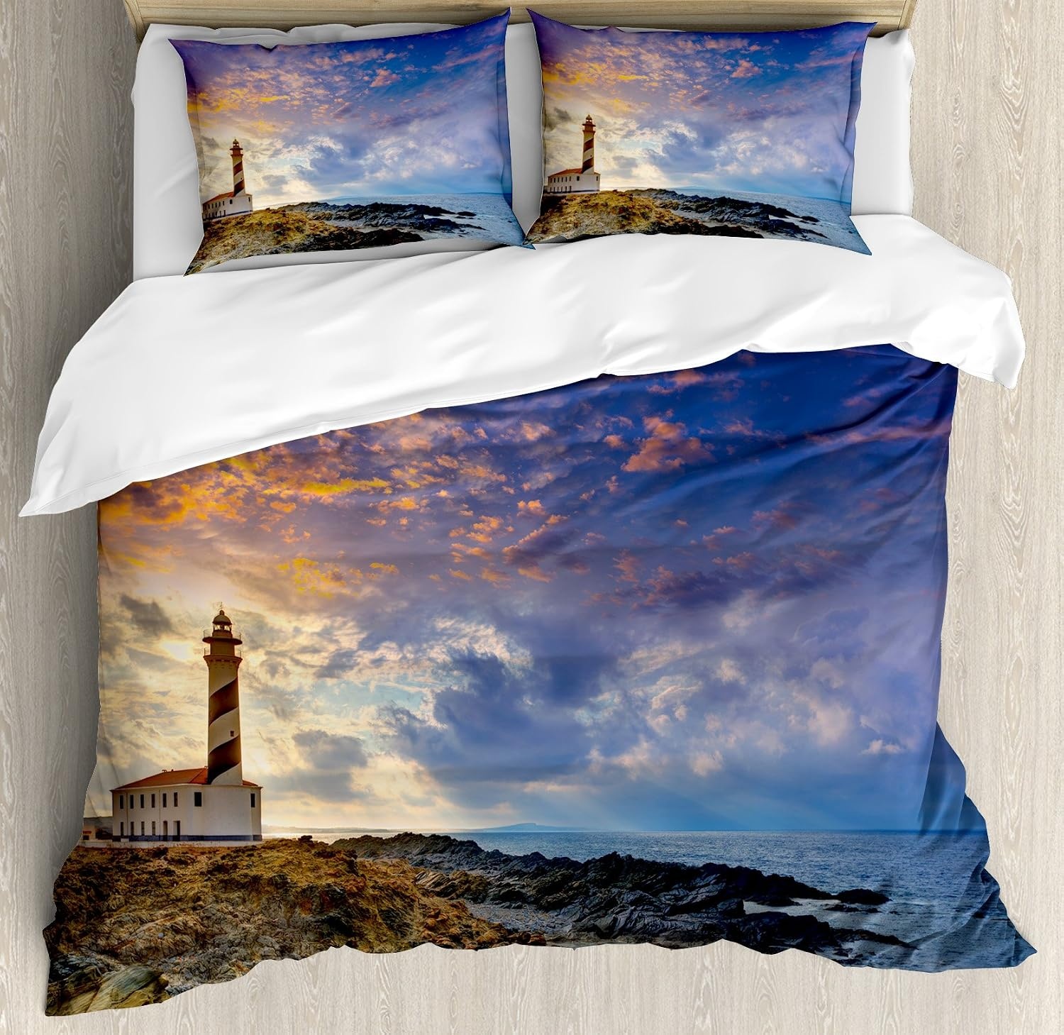 image:imageAmbesonne Lighthouse Duvet Cover Set Cap de Favaritx Sunset Lighthouse Cape in Mahon at Balearic Islands Spain Coast Decorative 3 Piece Bedding Set with 2 Pillow Shams Queen Size Blue BrownBlue Brown