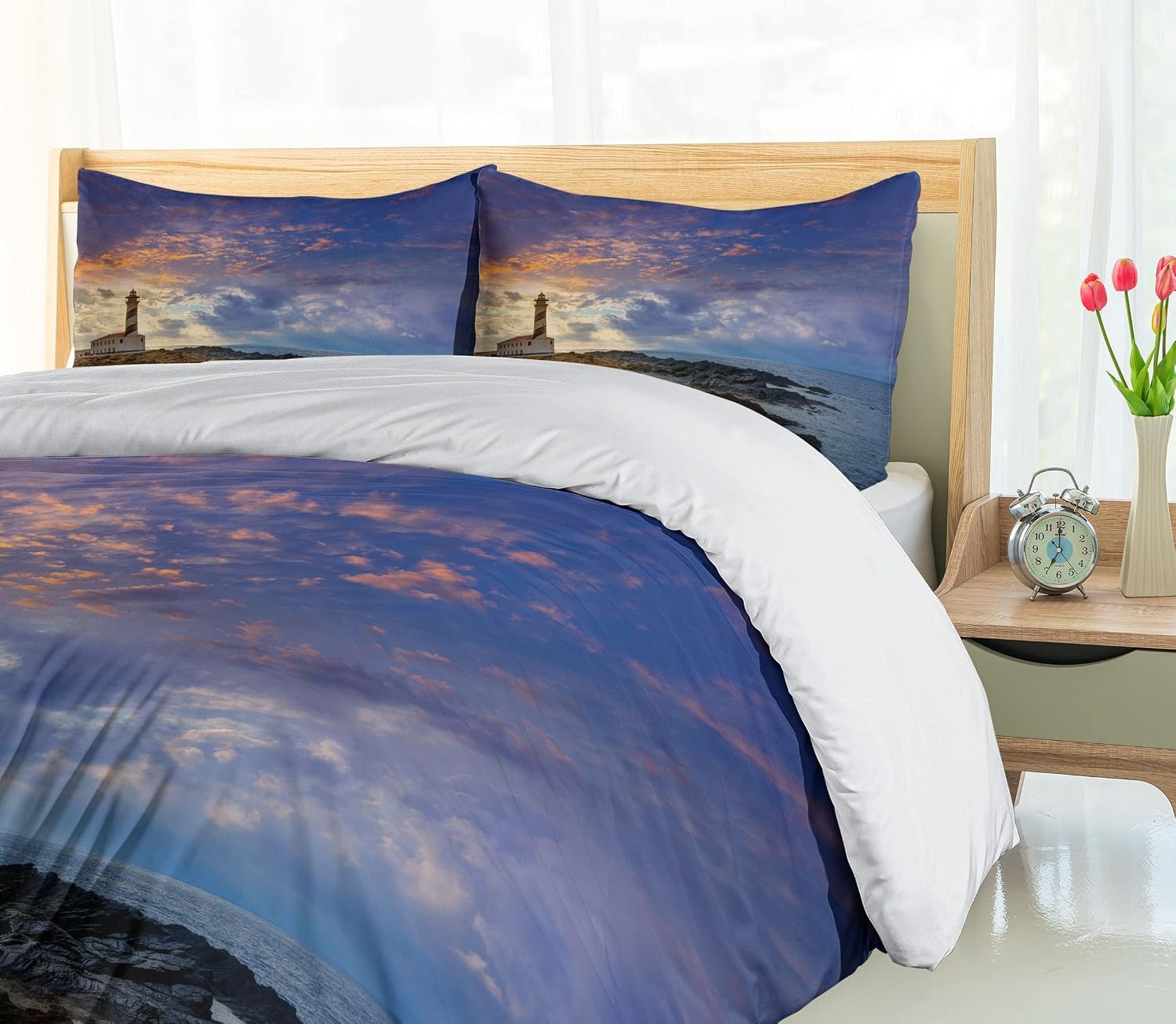 image:imageAmbesonne Lighthouse Duvet Cover Set Cap de Favaritx Sunset Lighthouse Cape in Mahon at Balearic Islands Spain Coast Decorative 3 Piece Bedding Set with 2 Pillow Shams Queen Size Blue BrownBlue Brown