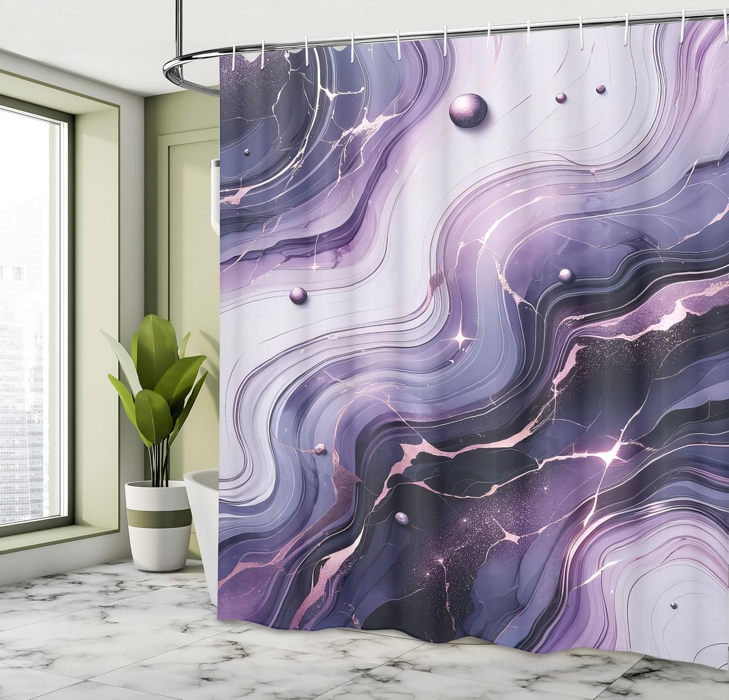 image:imageAmbesonne Purple Shower Curtain Modern Universe Feels Curvy Marble Print Monochromatic Pastel Tones Cloth Fabric Bathroom Decor Set with Hooks 69 W x 84 L Pale Grey Quartz and LilacPale Grey Quartz and Lilac