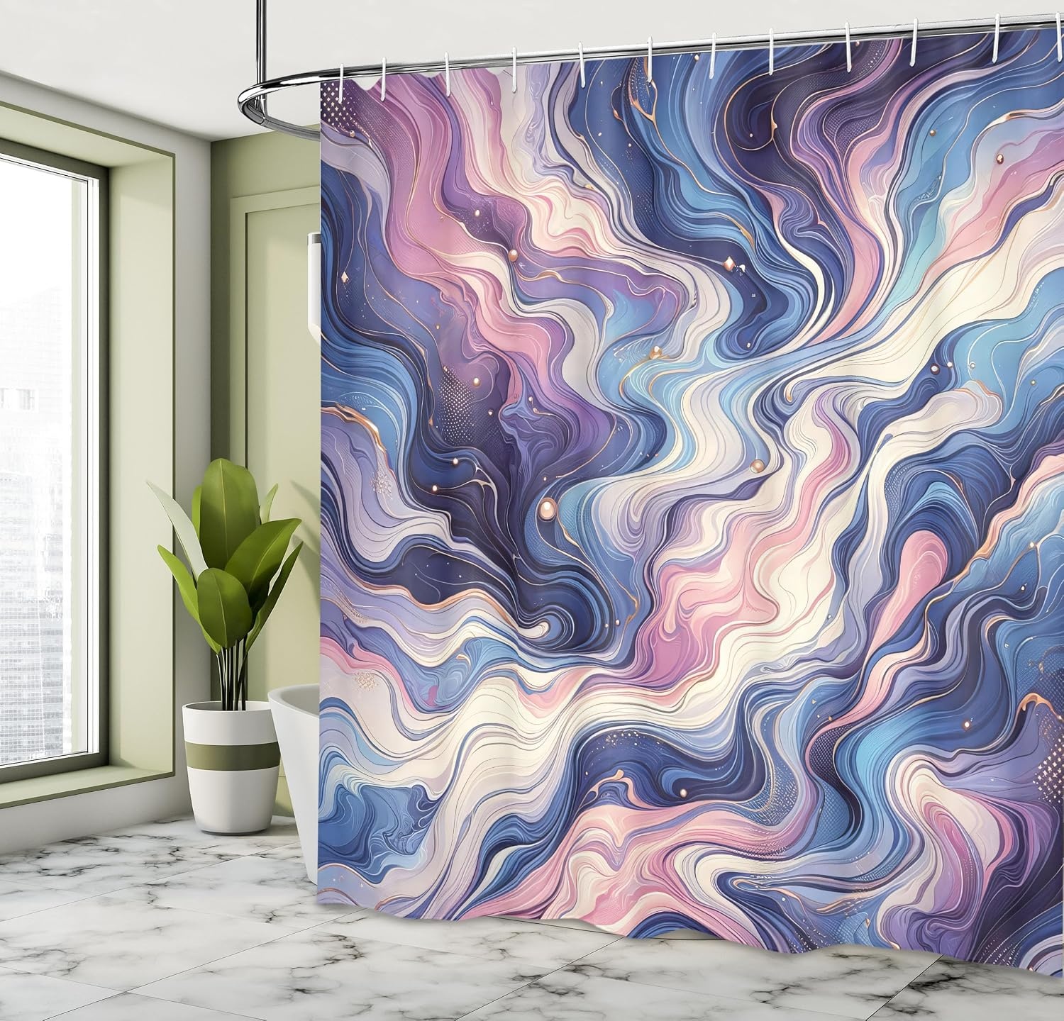 image:imageAmbesonne Purple Shower Curtain Modern Universe Feels Curvy Marble Print Monochromatic Pastel Tones Cloth Fabric Bathroom Decor Set with Hooks 69 W x 84 L Pale Grey Quartz and LilacQuartz Mustard Azure Blue