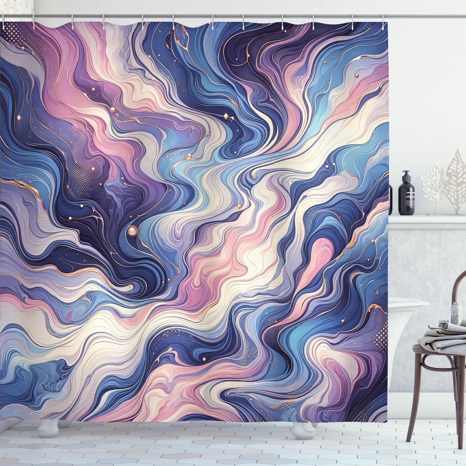 image:imageAmbesonne Purple Shower Curtain Modern Universe Feels Curvy Marble Print Monochromatic Pastel Tones Cloth Fabric Bathroom Decor Set with Hooks 69 W x 84 L Pale Grey Quartz and LilacQuartz Mustard Azure Blue
