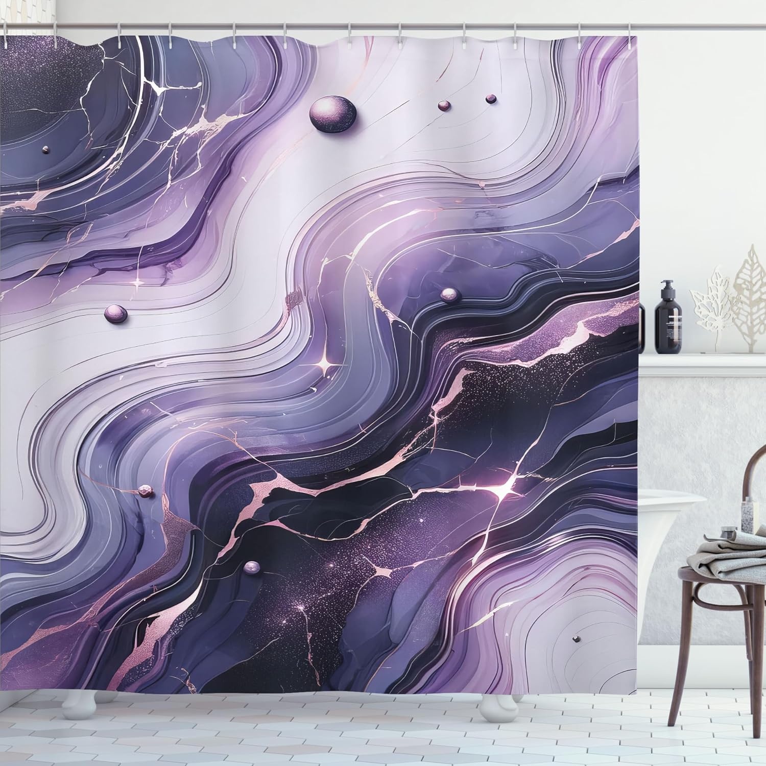 image:imageAmbesonne Purple Shower Curtain Modern Universe Feels Curvy Marble Print Monochromatic Pastel Tones Cloth Fabric Bathroom Decor Set with Hooks 69 W x 84 L Pale Grey Quartz and LilacPale Grey Quartz and Lilac