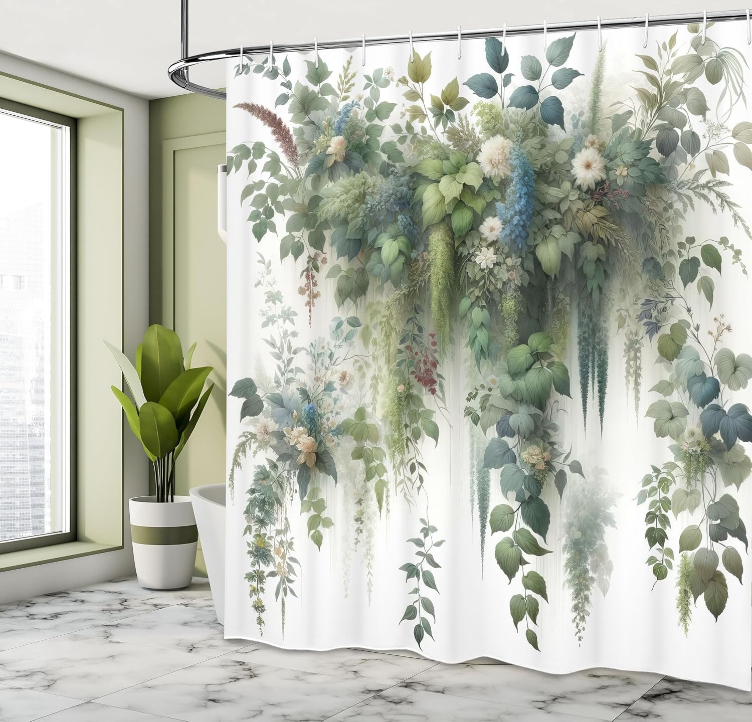 image:imageAmbesonne Purple Shower Curtain Modern Universe Feels Curvy Marble Print Monochromatic Pastel Tones Cloth Fabric Bathroom Decor Set with Hooks 69 W x 84 L Pale Grey Quartz and LilacGreen Blue and White