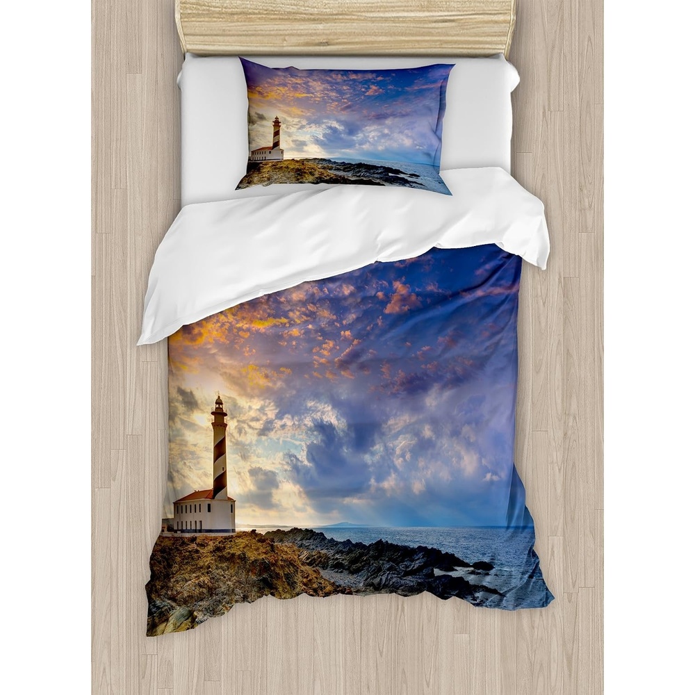 image:imageAmbesonne Lighthouse Duvet Cover Set Cap de Favaritx Sunset Lighthouse Cape in Mahon at Balearic Islands Spain Coast Decorative 3 Piece Bedding Set with 2 Pillow Shams Queen Size Blue BrownBlue Brown