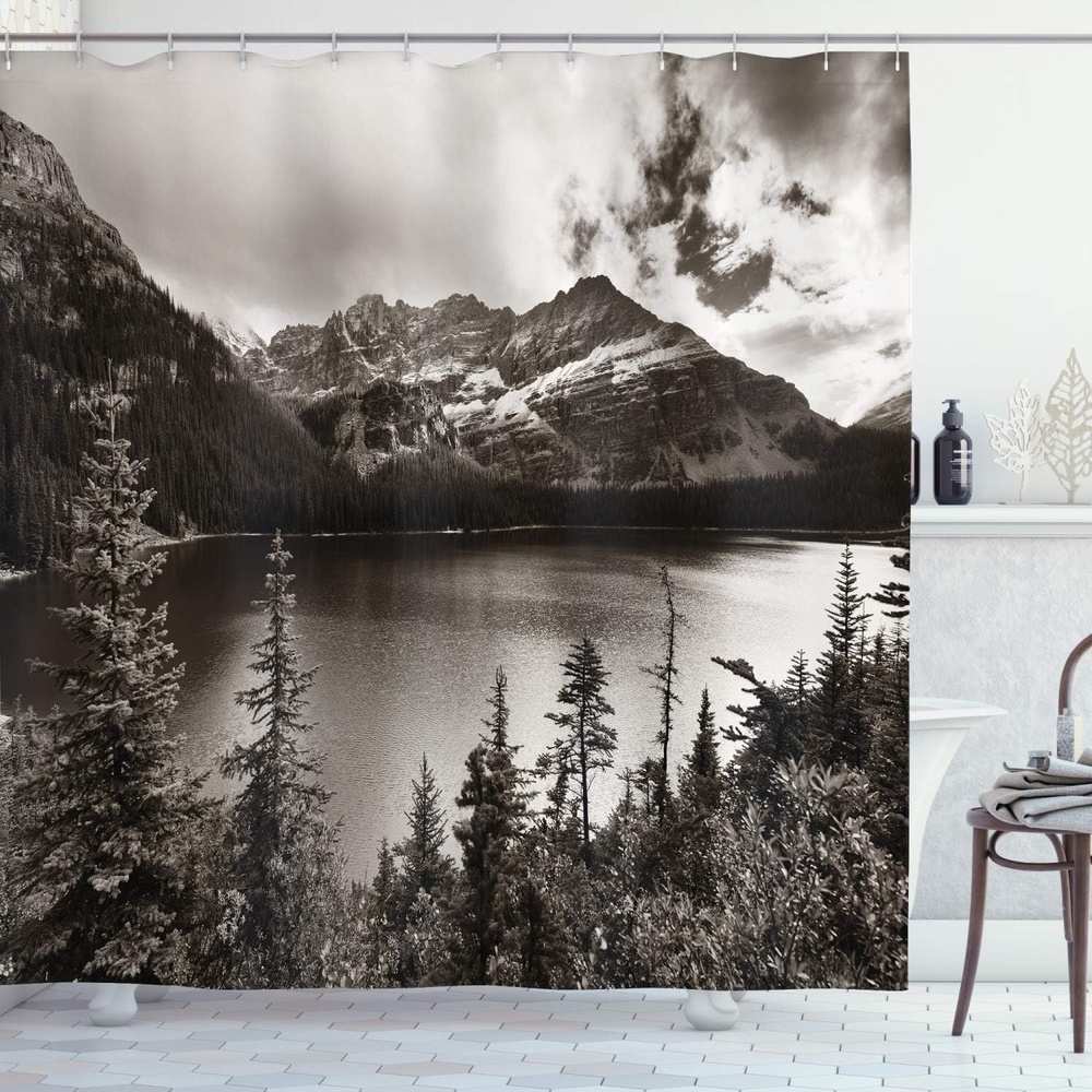 image:imageAmbesonne Striped Shower Curtain Abstract Modern Oil Paint of Vertical Brushstroke Dark Autumn Tones Print Cloth Fabric Bathroom Decor Set with Hooks 69 W x 75 L Maroon Camel GreyWhite Black
