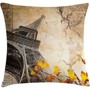 Ambesonne Eiffel Tower Throw Pillow Cushion Cover, Grunge Look Romantic Vintage Paris Scene Golden Yellow Tone Autumn Leaves and a Heart Shape, Decorative Square Accent Pillow Case, 16″ X 16″, Sepia(Sepia)