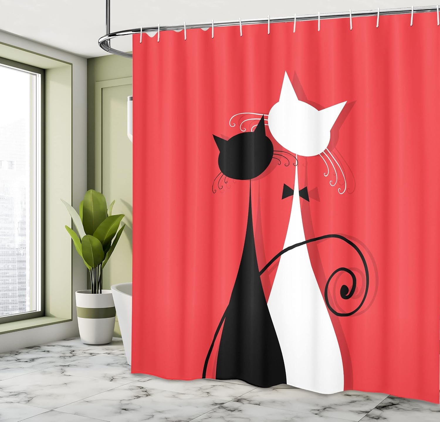 image:imageAmbesonne Cat Shower Curtain Lover Kitty Silhouettes in Wedding Gowns Valentines Theme Bride and Groom Cloth Fabric Bathroom Decor Set with Hooks 69 W x 84 L Coral White69W x 84L Pack of 1