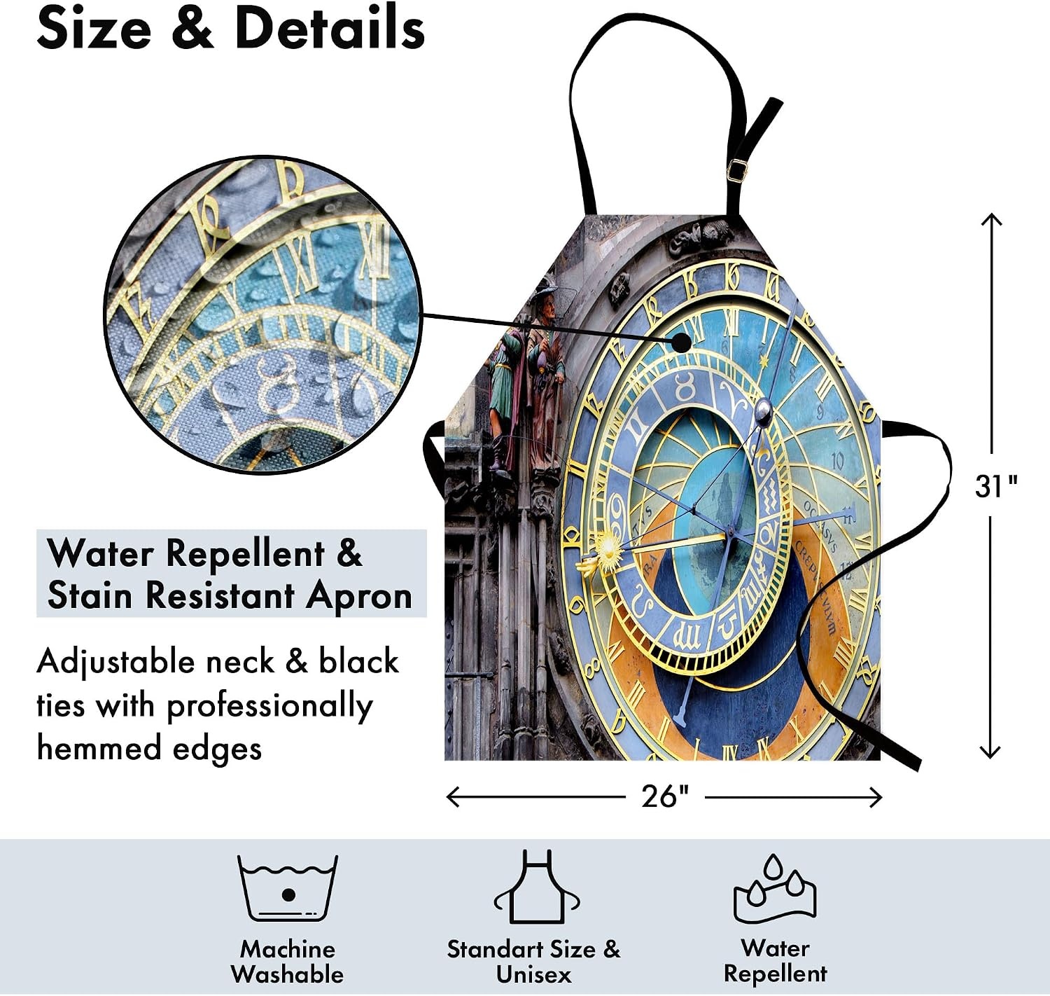 image:imageAmbesonne Clock Apron Prague Astronomical Clock in the Old Town an European Medieval Landmark of City Unisex Kitchen Bib with Adjustable Neck for Cooking Gardening Adult Size Blue Yellow