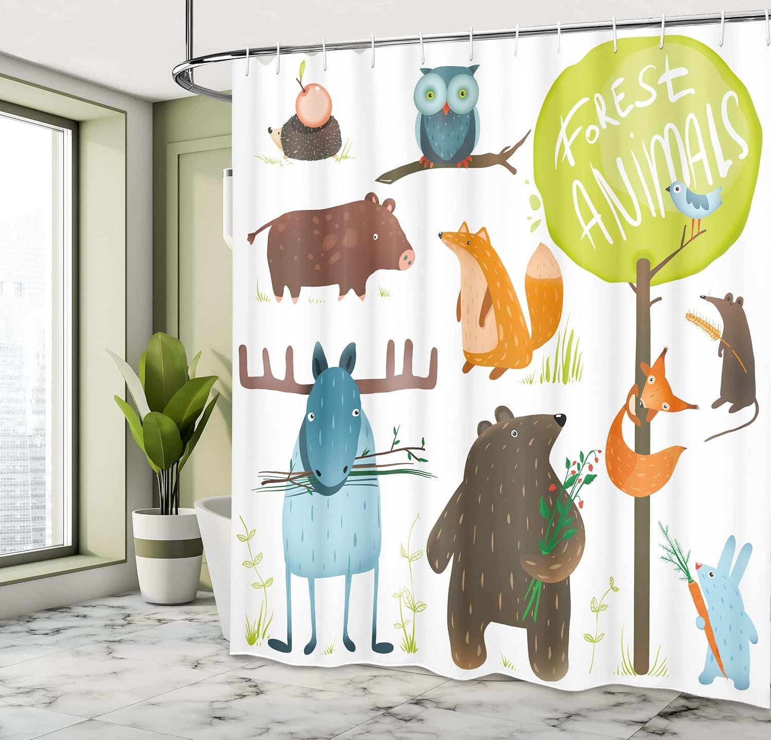 image:imageAmbesonne Forest Shower Curtain Cartoon Style Animals Like Bear and Deer Fox Owl Pig Mouse Squirrel and Rabbit of an Artwork Cloth Fabric Bathroom Decor Set with Hooks 69 W x 70 L Yellow Green