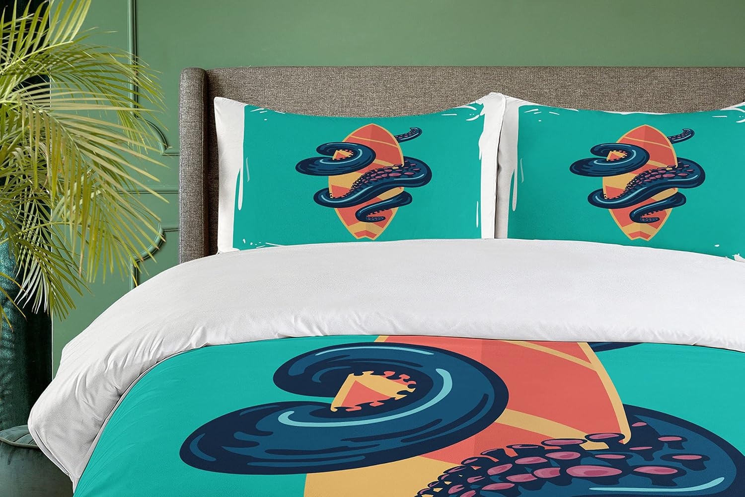 image:imageAmbesonne Halloween Duvet Cover Set Funny Bat with Plate Boo Fangs Scare Frighten Seasonal Cartoon Print Decorative 2 Piece Bedding Set with 1 Pillow Sham Twin Size White OrangeOrange Teal