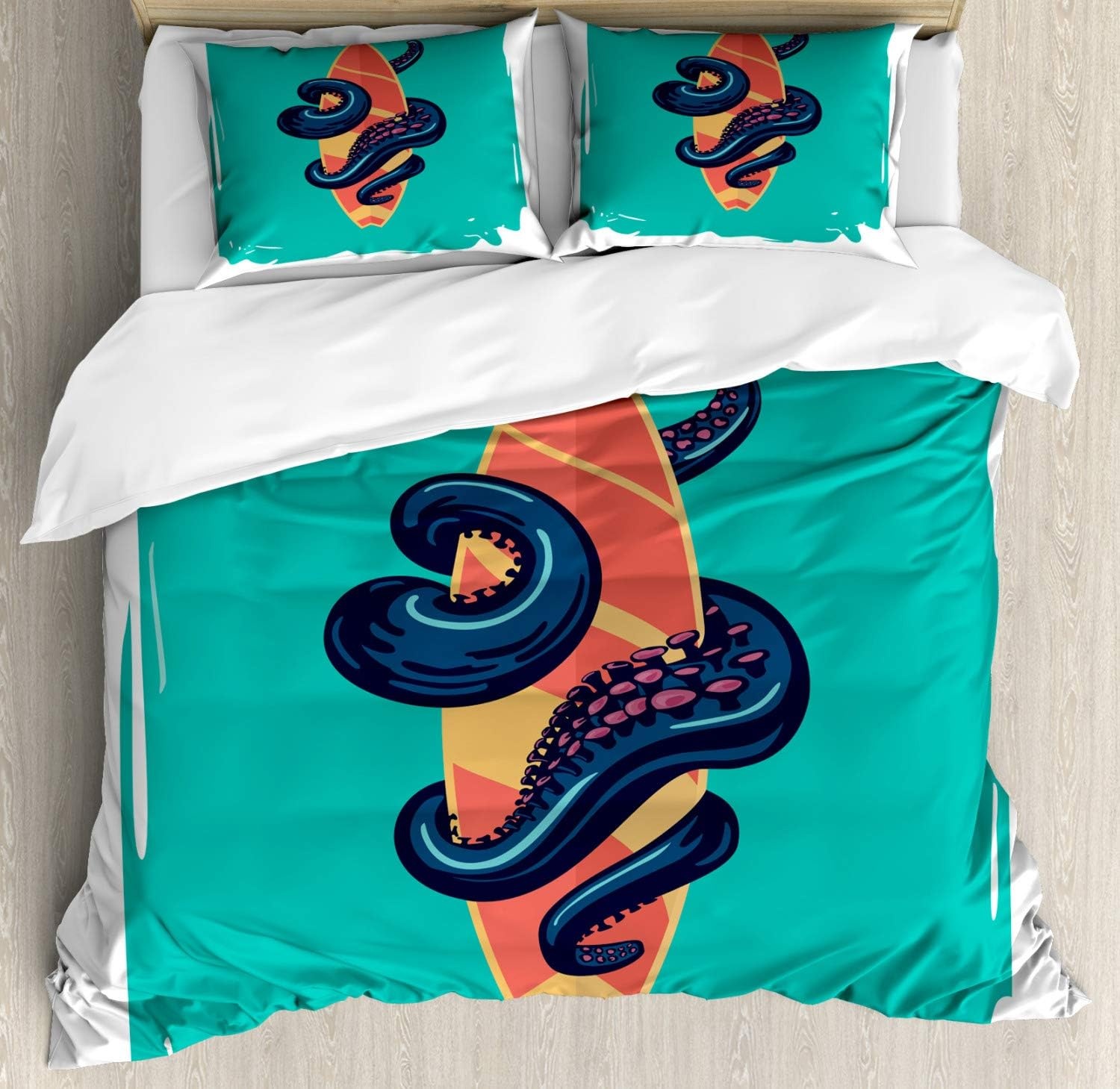 image:imageAmbesonne Halloween Duvet Cover Set Funny Bat with Plate Boo Fangs Scare Frighten Seasonal Cartoon Print Decorative 2 Piece Bedding Set with 1 Pillow Sham Twin Size White OrangeOrange Teal