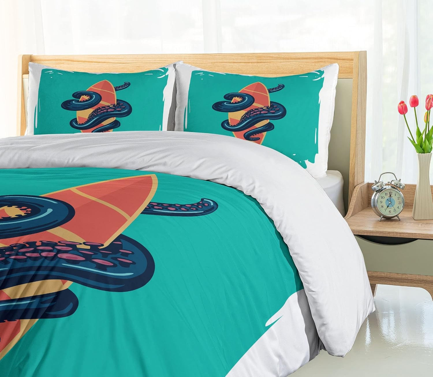image:imageAmbesonne Halloween Duvet Cover Set Funny Bat with Plate Boo Fangs Scare Frighten Seasonal Cartoon Print Decorative 2 Piece Bedding Set with 1 Pillow Sham Twin Size White OrangeOrange Teal