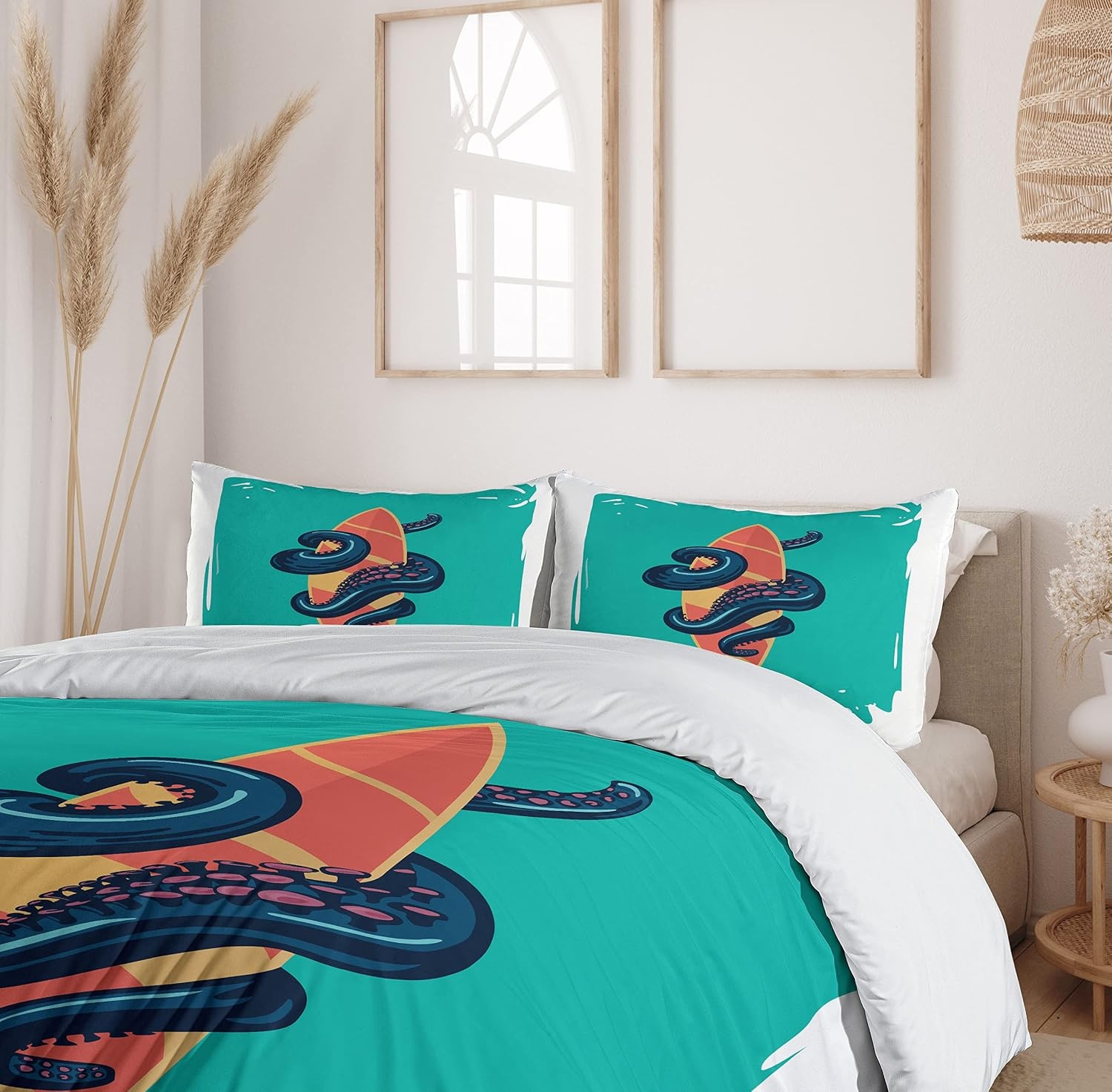 image:imageAmbesonne Halloween Duvet Cover Set Funny Bat with Plate Boo Fangs Scare Frighten Seasonal Cartoon Print Decorative 2 Piece Bedding Set with 1 Pillow Sham Twin Size White OrangeOrange Teal