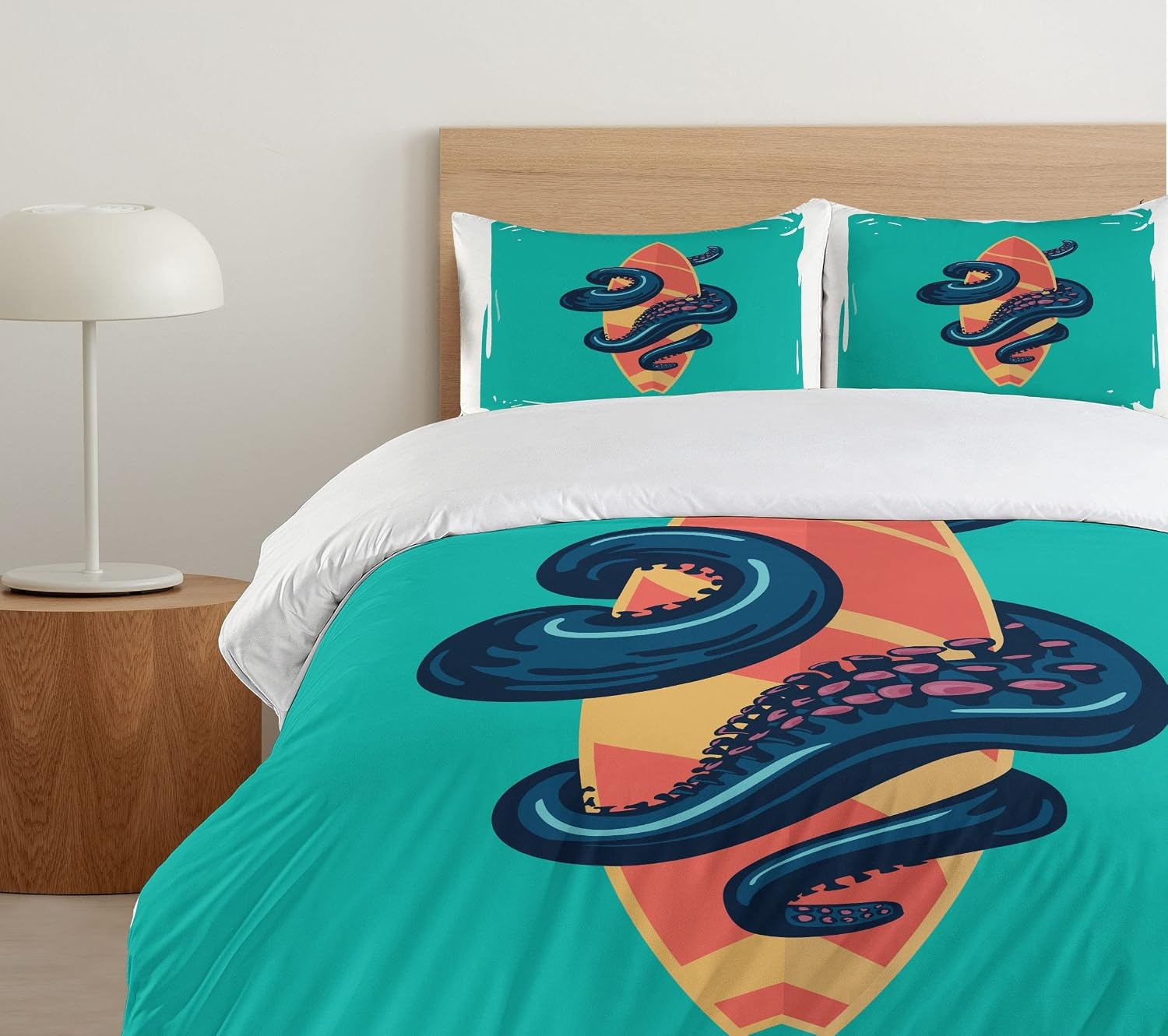 image:imageAmbesonne Halloween Duvet Cover Set Funny Bat with Plate Boo Fangs Scare Frighten Seasonal Cartoon Print Decorative 2 Piece Bedding Set with 1 Pillow Sham Twin Size White OrangeOrange Teal