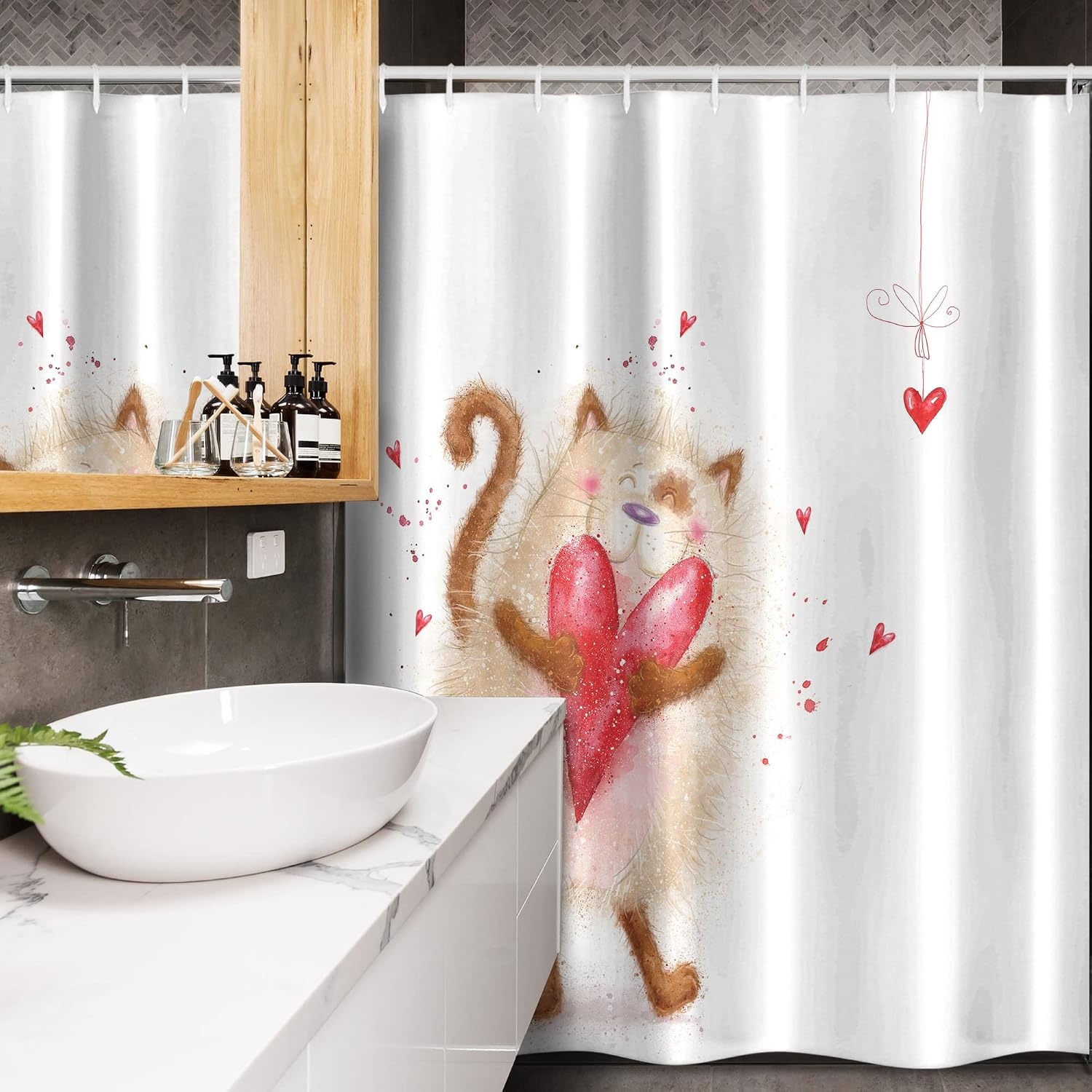 image:imageAmbesonne Love Shower Curtain Love Cat with Heart in Love Valentines Day Honeymoon Smile Joyful Cheering Cloth Fabric Bathroom Decor Set with Hooks 69 W x 84 L Brown Cream54W x 78L Pack of 1