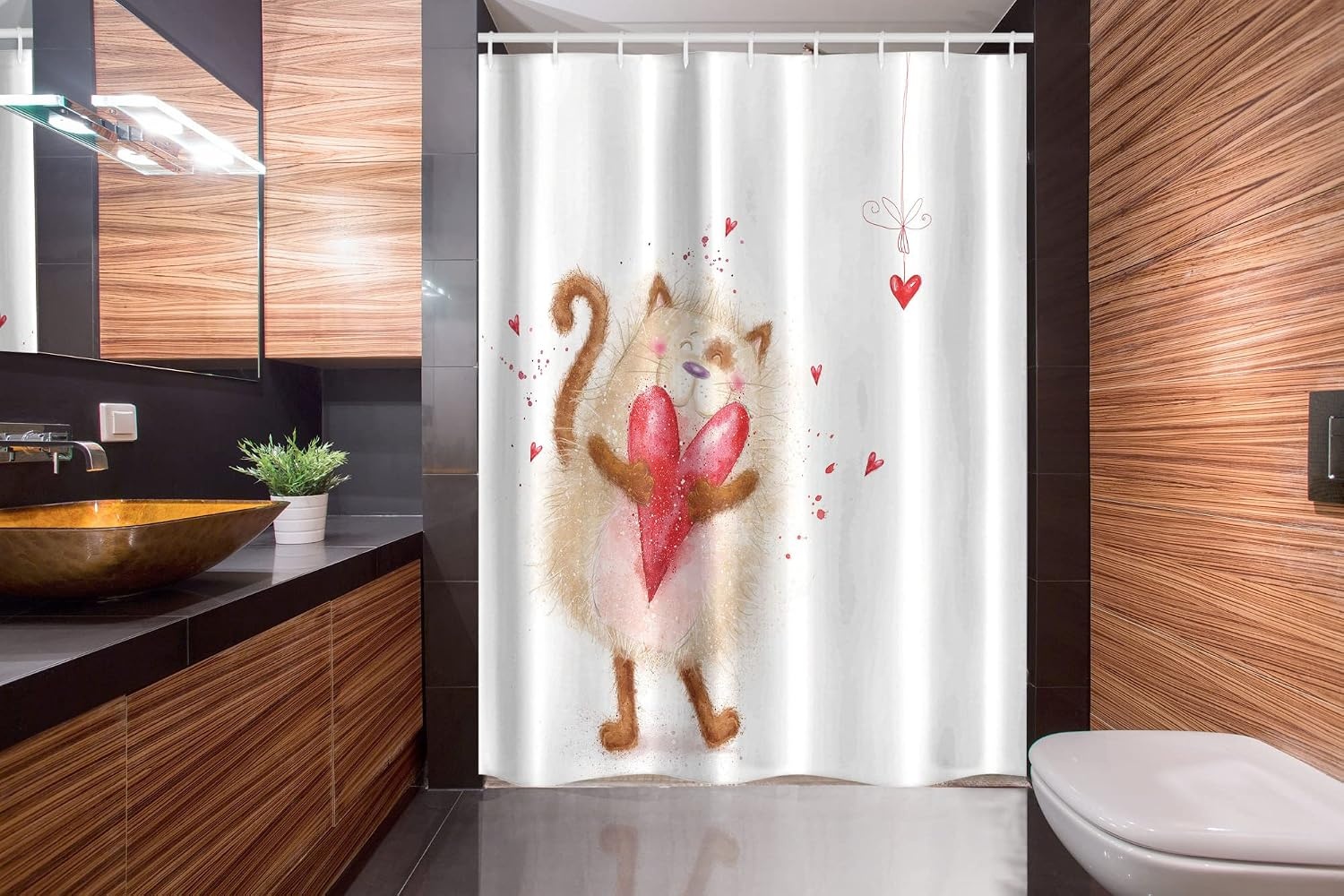 image:imageAmbesonne Love Shower Curtain Love Cat with Heart in Love Valentines Day Honeymoon Smile Joyful Cheering Cloth Fabric Bathroom Decor Set with Hooks 69 W x 84 L Brown Cream54W x 78L Pack of 1