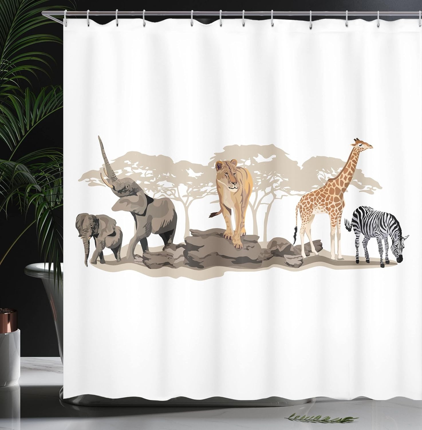 image:imageAmbesonne Savannah Shower Curtain Cartoon Illustration of Wild Savannahs Animals Exotic Giraffe Lion Zebra Print Cloth Fabric Bathroom Decor Set with Hooks 69 W x 75 L Brown Beige