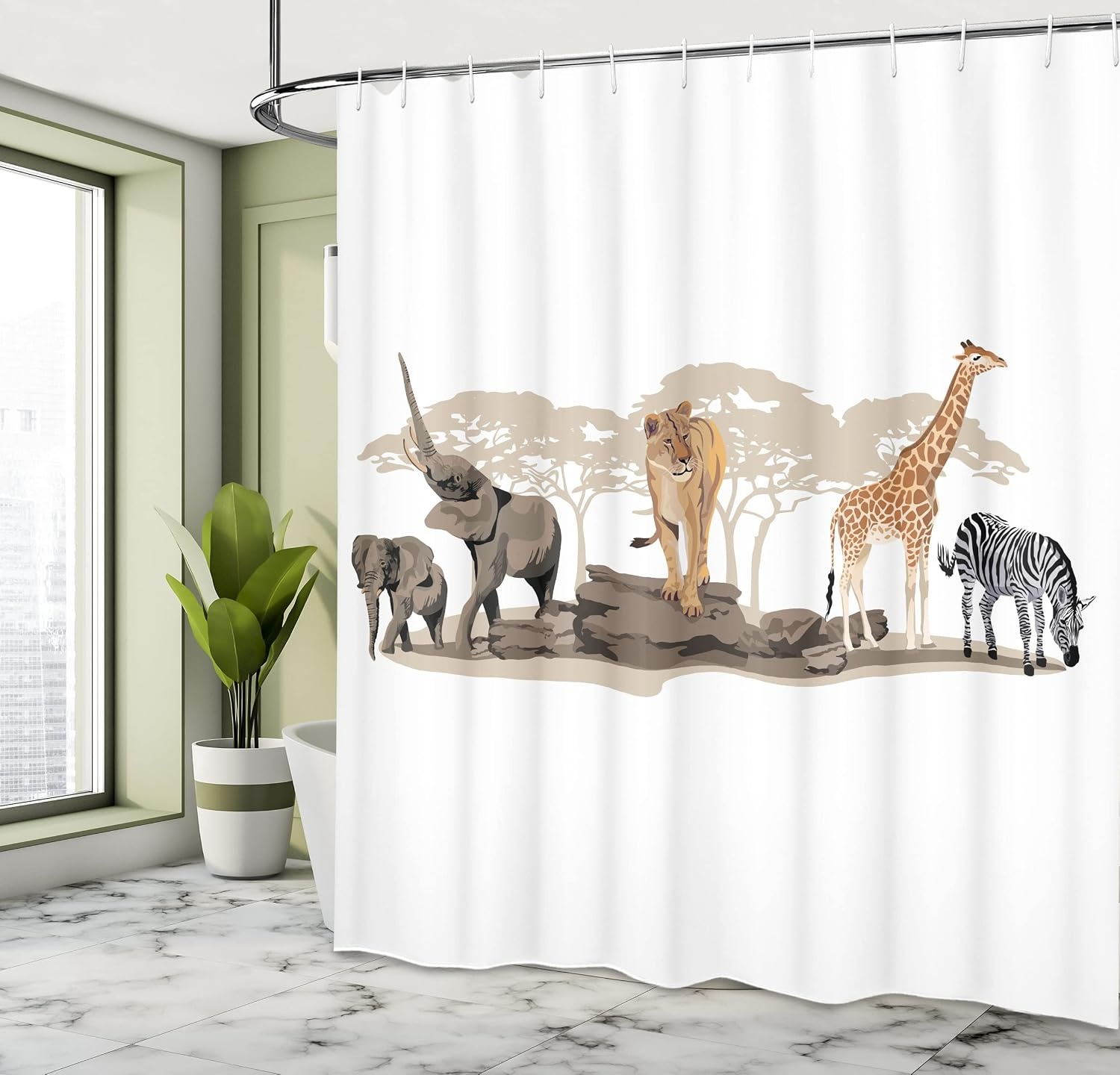 image:imageAmbesonne Savannah Shower Curtain Cartoon Illustration of Wild Savannahs Animals Exotic Giraffe Lion Zebra Print Cloth Fabric Bathroom Decor Set with Hooks 69 W x 75 L Brown Beige