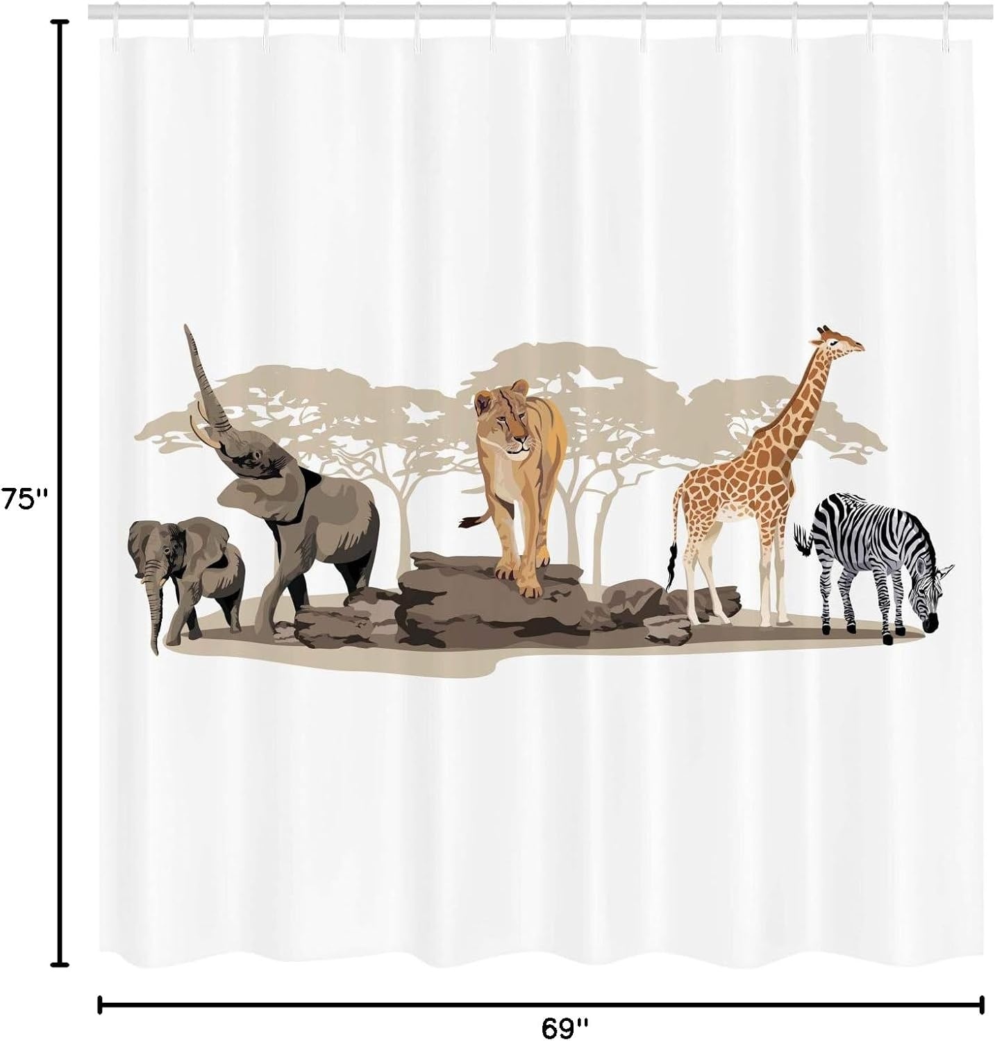 image:imageAmbesonne Savannah Shower Curtain Cartoon Illustration of Wild Savannahs Animals Exotic Giraffe Lion Zebra Print Cloth Fabric Bathroom Decor Set with Hooks 69 W x 75 L Brown Beige